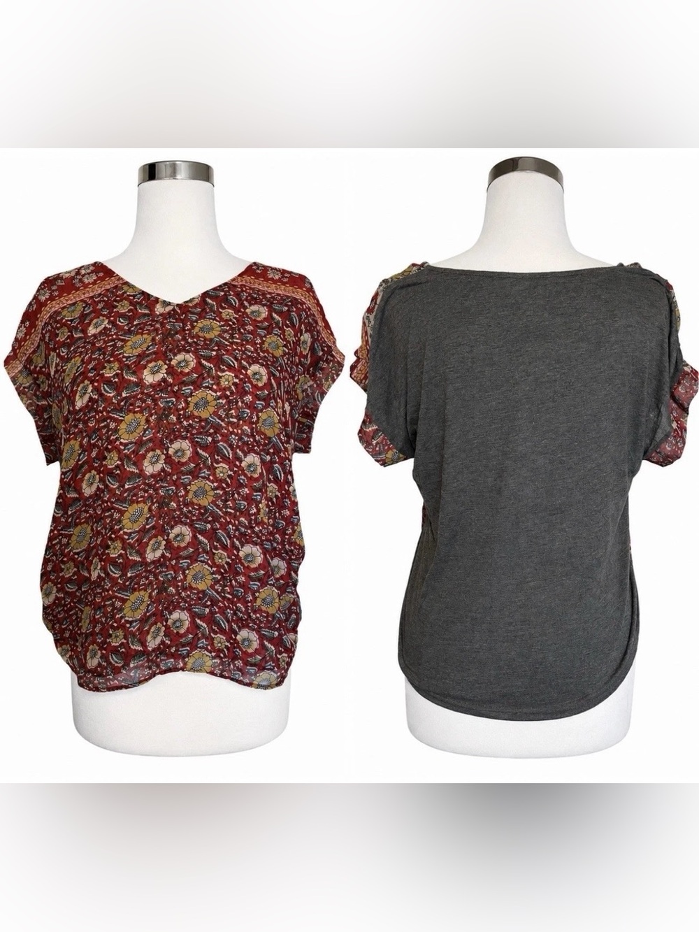 Anthropologie Tiny Red Floral Blouse Gray Two Sided Boho Chic Peasant Medium